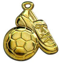 Thumbnail for Eine Fußball mit Schuh Medaillen Ludwigshafen 53x50 mm PK78943, mit einem exklusiven Design in Goldfarbe, in Form eines Fußballs und eines Schuhs und mit einer Schlaufe an der Oberseite zum Befestigen an einer Halskette oder einem Schlüsselanhänger.