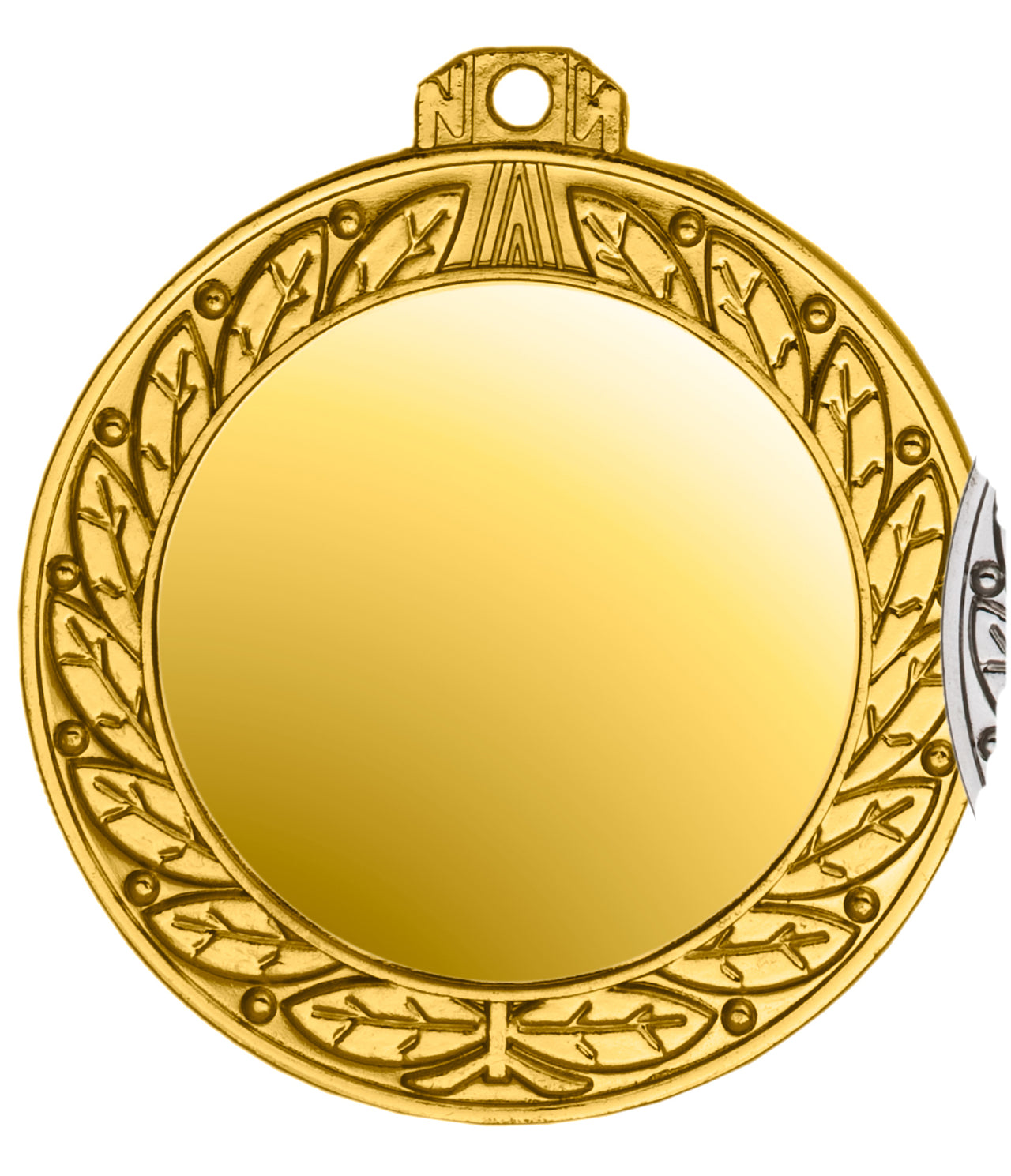 Der Medaillen Offenbach 70 mm PK79174g-E50 ist ein goldener runder Spiegel mit exklusivem Design, einem kunstvollen Blättermuster um den Rand und einer kleinen Schlaufe zum Aufhängen an der Oberseite.