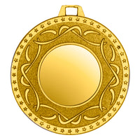 Thumbnail for Wir präsentieren die Medaillen Gütersloh 50 mm PK79178g-E25: eine Goldmedaille mit runder Einlage und einem dekorativen Rand aus ineinander verschlungenen Mustern und Sternen, die ein exklusives Design aus hochwertigem Material zur Schau stellt.