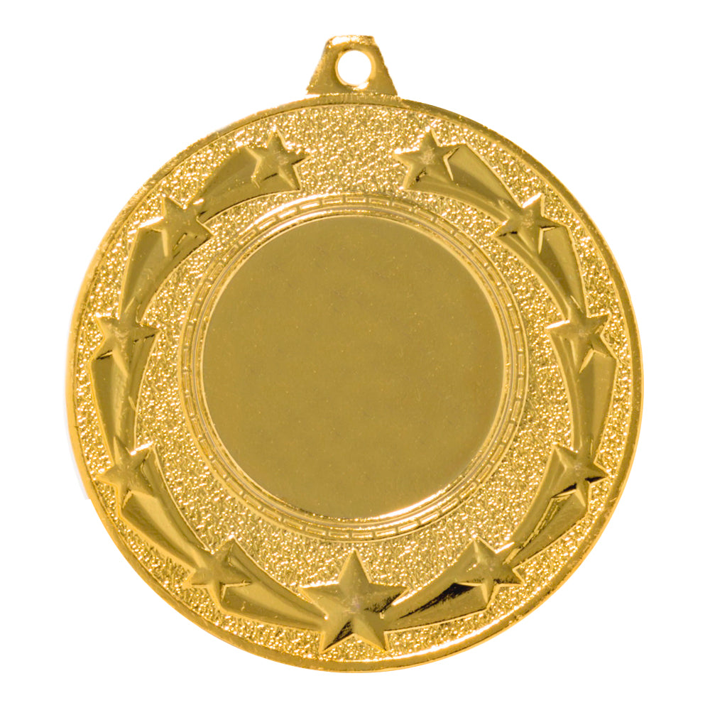 Nahaufnahme der Medaillen Remscheid 50 mm PK79183g-E25, einer Goldmedaille mit einem strukturierten Sternenmuster, das kreisförmig um einen leeren Mittelbereich angeordnet ist, gefertigt aus hochwertigem Material für Auszeichnungen oder Anerkennungen.