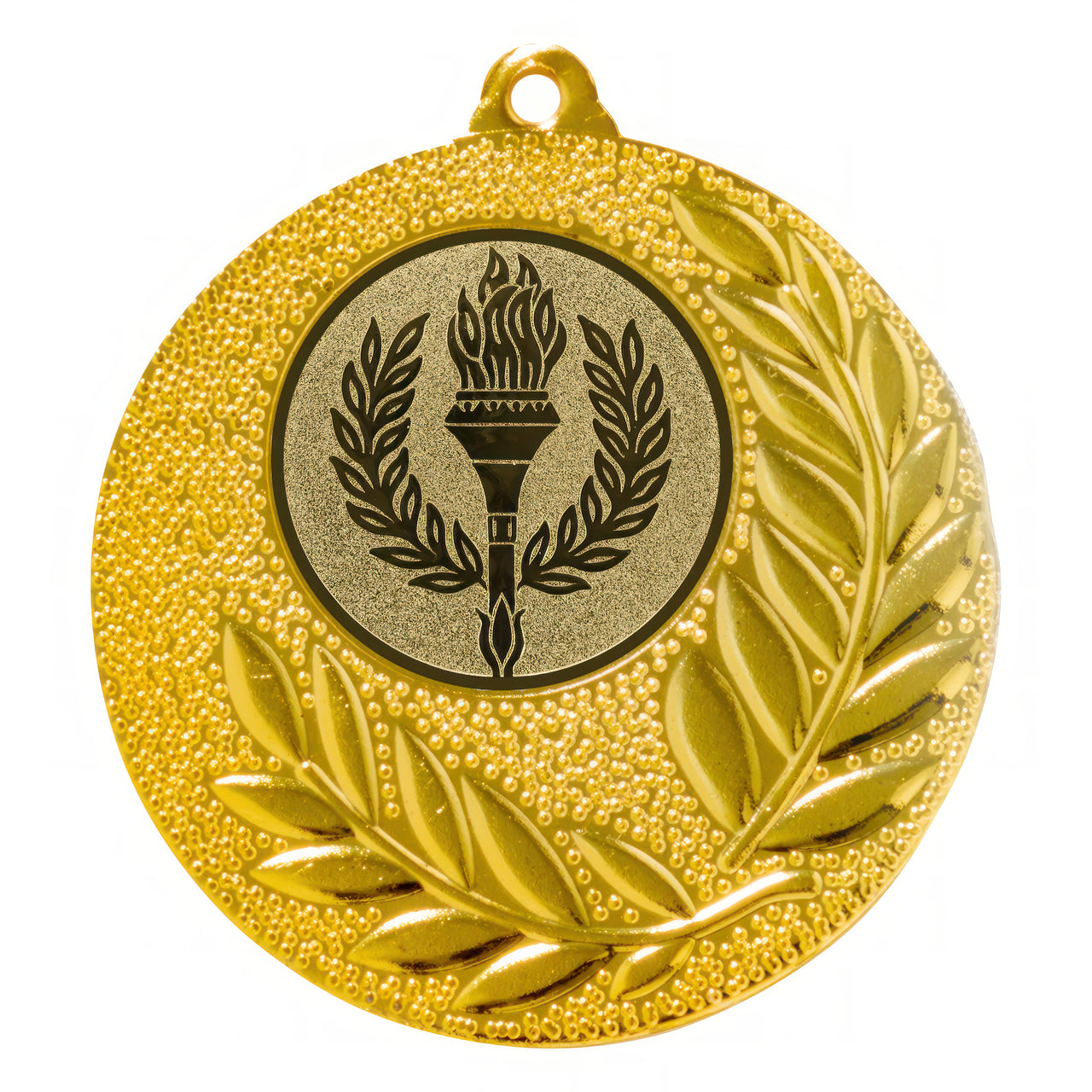 Eine 50-mm-Goldmedaille PK79184g-E25 von Medaillen Berlin mit einem auf der Vorderseite eingravierten Fackel- und Lorbeerkranzmotiv – eine exklusive Erinnerung.