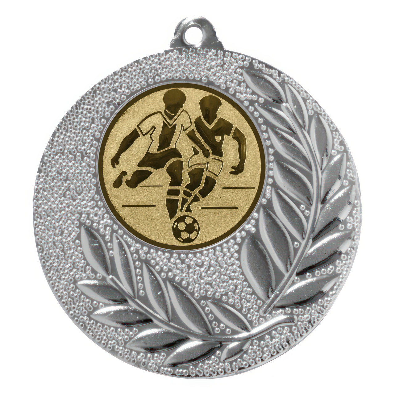 Silberne Medaille mit dem Bild von zwei Fußballspielern und einem Ball in Gold, umgeben von einem Lorbeerkranz-Design, was sie zu einem hochwertigen Souvenir von Medaillen Berlin macht. 50 mm PK79184g-E25 – Exklusive Ehrung für jeden Anlass.