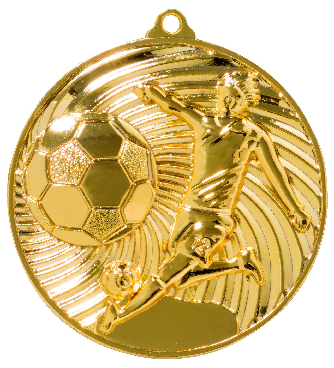 Die Fußballspieler Medaillen Erfurt 50 mm PK79186 sind eine goldfarbene Medaille mit einem erhabenen Design eines Fußballspielers, der einen Ball kickt, gefertigt aus hochwertigem Material für ein exklusives Design.