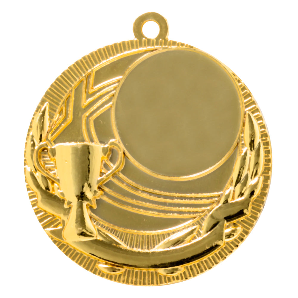 Die 50 mm große Goldmedaille „Medaillen Kaiserslautern“ PK79217g-E25 zeigt das Design einer Trophäe und eines Lorbeerkranzes. Sie ist aus hochwertigem Material gefertigt und hat im Hintergrund einen leeren runden Bereich, der ihr exklusives Design zur Schau stellt.