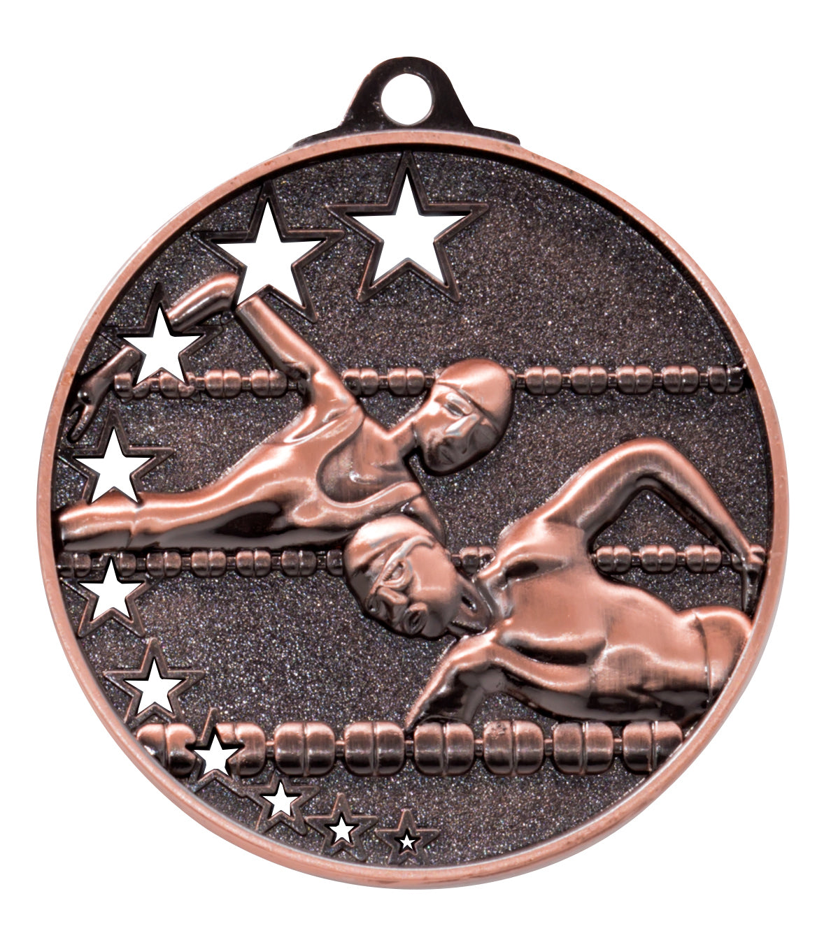Die Schwimmen Medaillen Halle 52 mm PK79224 ist eine bronzene Schwimmmedaille, die zwei Schwimmer im Freistil zeigt, umgeben von Sternen, aus hochwertigem Material gefertigt und mit einem exklusiven Design ausgestattet.