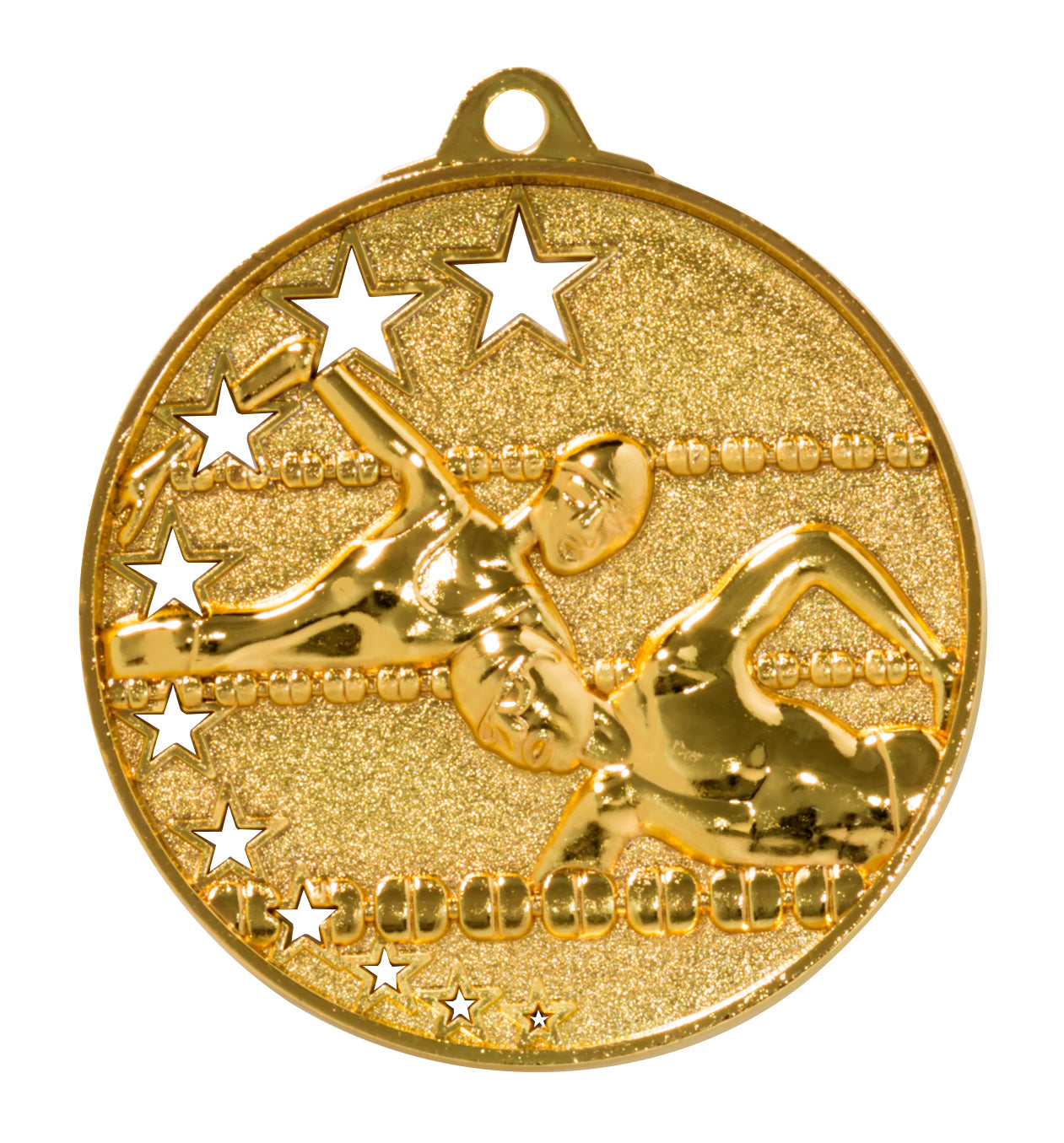 Eine goldene Schwimmmedaille, Schwimmen Medaillen Halle 52 mm PK79224 von Pomeki, mit exklusivem Design mit zwei Schwimmern und mehreren Sternen.