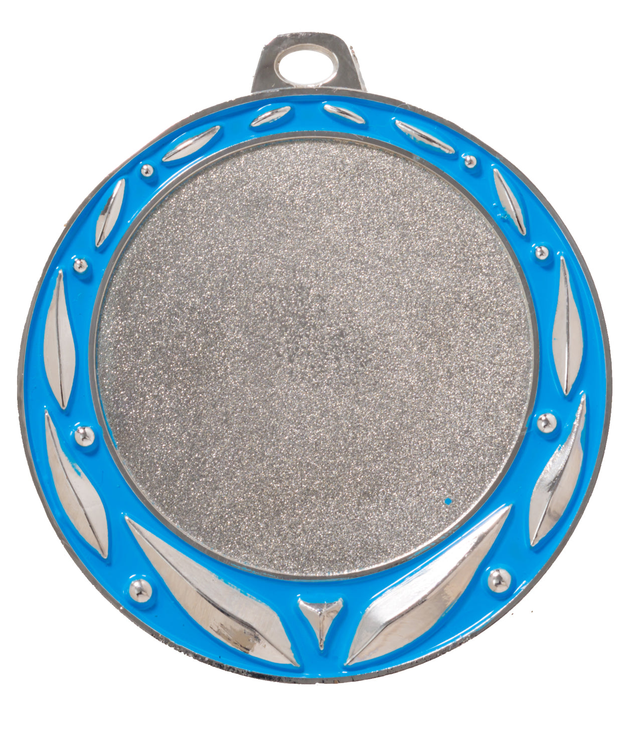Eine runde Silbermedaille, Medaillen Münster 70 mm PK79232g-E50, verfügt über einen blauen Zierrand und eine kleine Schlaufe an der Oberseite zum Befestigen an einem Band und zeigt das exklusive Design von Pomeki.