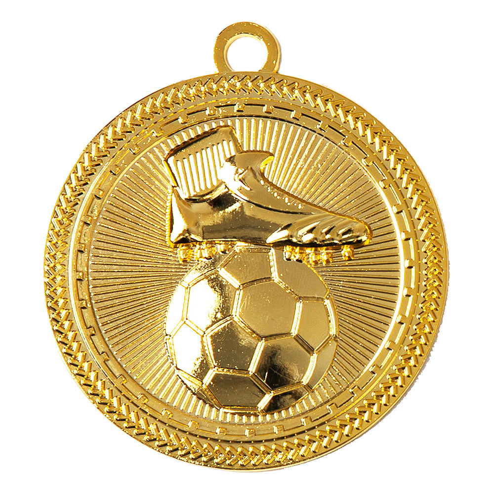 Wir präsentieren den *Fußballschuh mit Ball Medaillen Mainz 70 mm PK79277*, eine Goldmedaille mit einem exklusiven Design eines Fußballschuhs über einem Fußball, umgeben von einem strukturierten Rand.