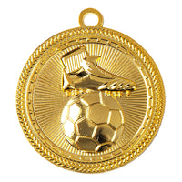 Thumbnail for Wir präsentieren den *Fußballschuh mit Ball Medaillen Mainz 70 mm PK79277*, eine Goldmedaille mit einem exklusiven Design eines Fußballschuhs über einem Fußball, umgeben von einem strukturierten Rand.