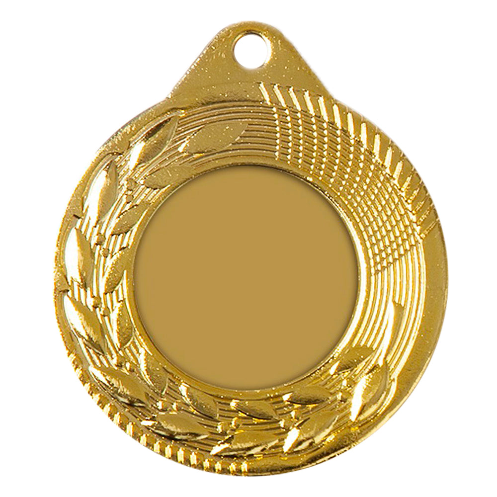 Das Medaillen Trier 45 mm PK79292g-E25 verfügt über ein schlichtes Golddesign mit einem Lorbeerkranz um eine leere runde Mitte und einem kleinen Loch an der Oberseite und zeigt so ein exklusives Design.