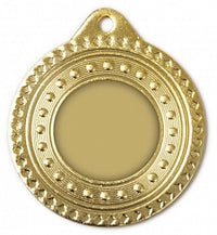 Thumbnail for Die goldfarbene Medaillen Villingen-Schwenningen 50 mm PK79297g-E25 hat eine leere runde Mitte, umgeben von einem strukturierten Perlenrand, und hat oben ein kleines Loch zur Befestigung. Dieses exklusive Design ist aus hochwertigen Materialien gefertigt.