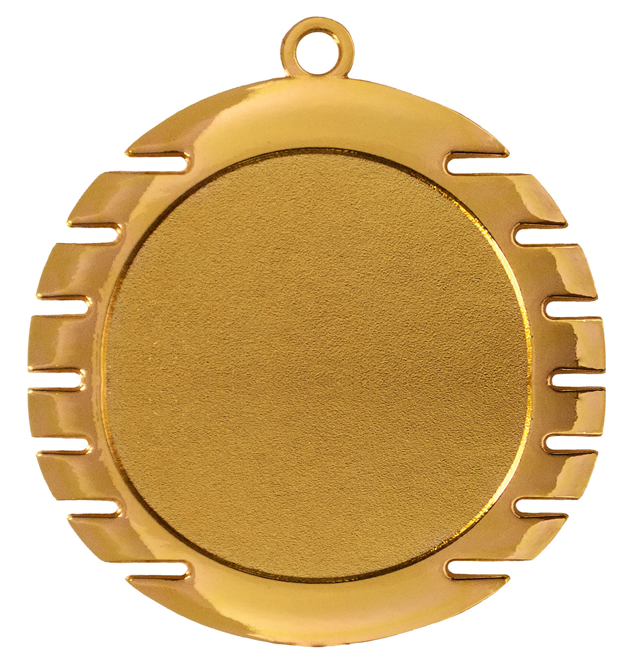 Die Medaillen Marl 70 mm PK79307g-E50 ist eine runde Goldmedaille mit einer Öse an der Oberseite und gleichmäßig verteilten Rillen am Rand. Sie ist aus hochwertigem Material gefertigt, die Mitte ist leer und kann individuell gestaltet oder graviert werden.
