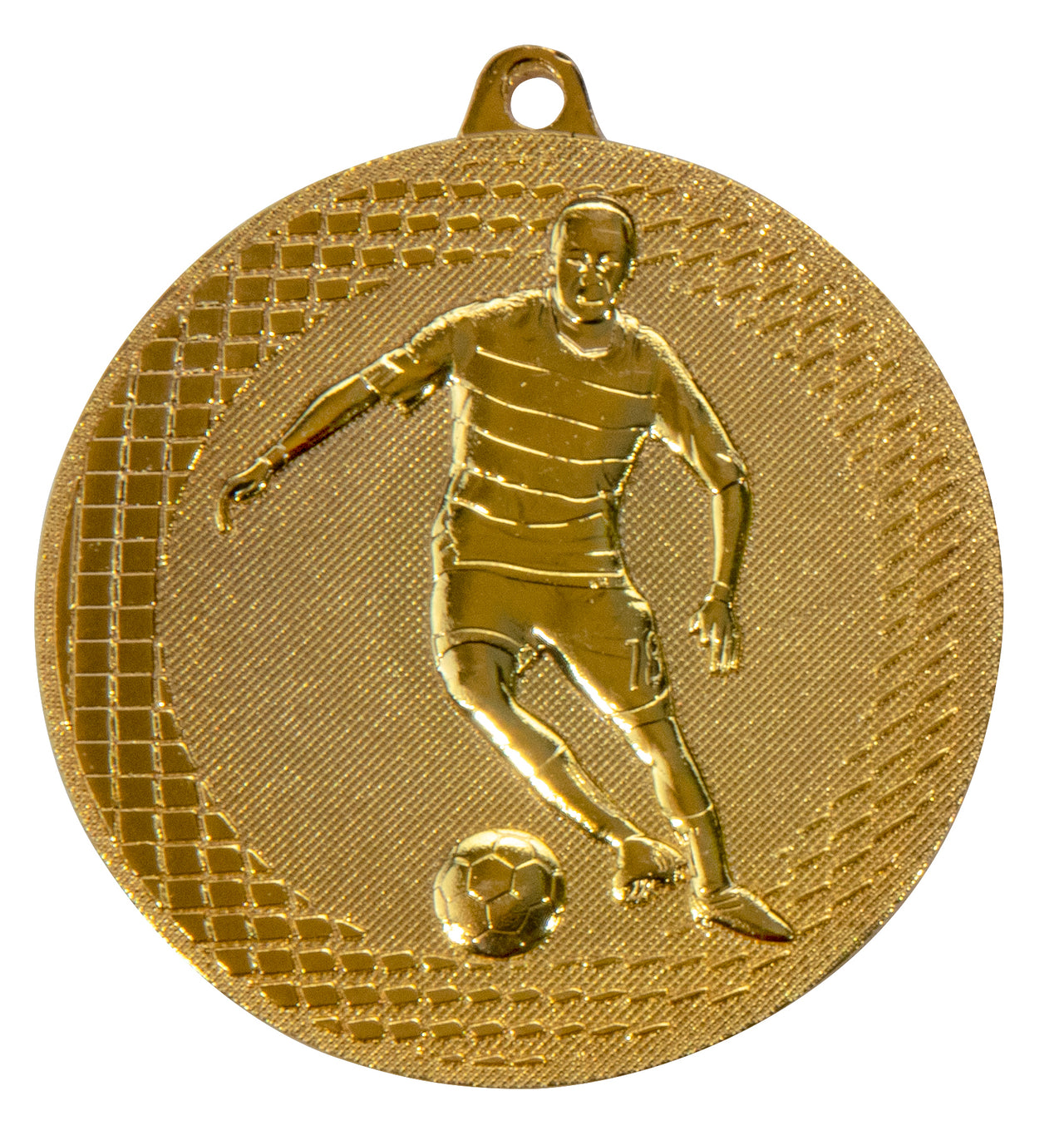 Die Fußballspieler Medaillen Rostock 50 mm PK79335 ist eine Goldmedaille aus hochwertigem Material und zeigt ein geprägtes Bild eines Fußballspielers, der einen Ball dribbelt. Diese Medaille verfügt über ein exklusives Design mit einer perforierten Kante auf der linken Seite und hat oben eine Schlaufe zum Befestigen eines Bandes.