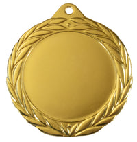 Thumbnail for Die Medaillen Ingolstadt 70 mm PK79345g-E50 ist eine Goldmedaille mit einer leeren Mitte und einem Lorbeerkranz-Design um den Rand. Diese aus hochwertigem Material gefertigte Medaille hat oben ein kleines Loch, das sich perfekt zum Anbringen eines Bandes oder einer Kette eignet und ihr exklusives Design hervorhebt.