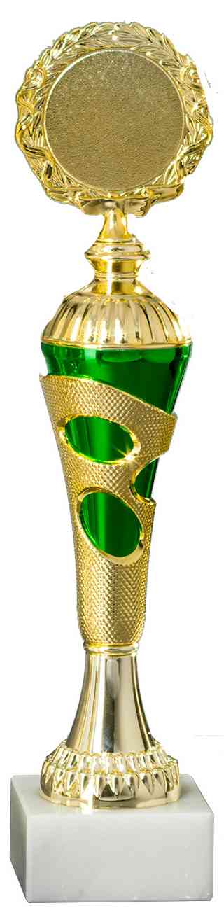 Diese exquisite Trophäe in Gold und Grün, der Pokale Speyer 4-er Pokalserie 255 mm – 300 mm PK754700-4-E50, verfügt über eine runde Spitze und ruht anmutig auf einem Marmorsockel.